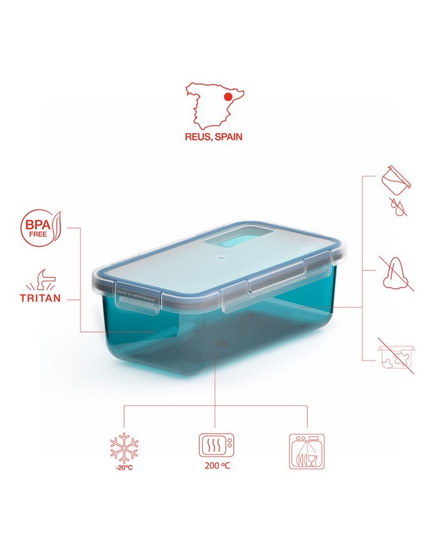 Contenitore ermetico per alimenti utilizzabile in microonde, lavastoviglie e congelatore, da -20ºC a 100ºC, realizzato in tritan trasparente color petrolio